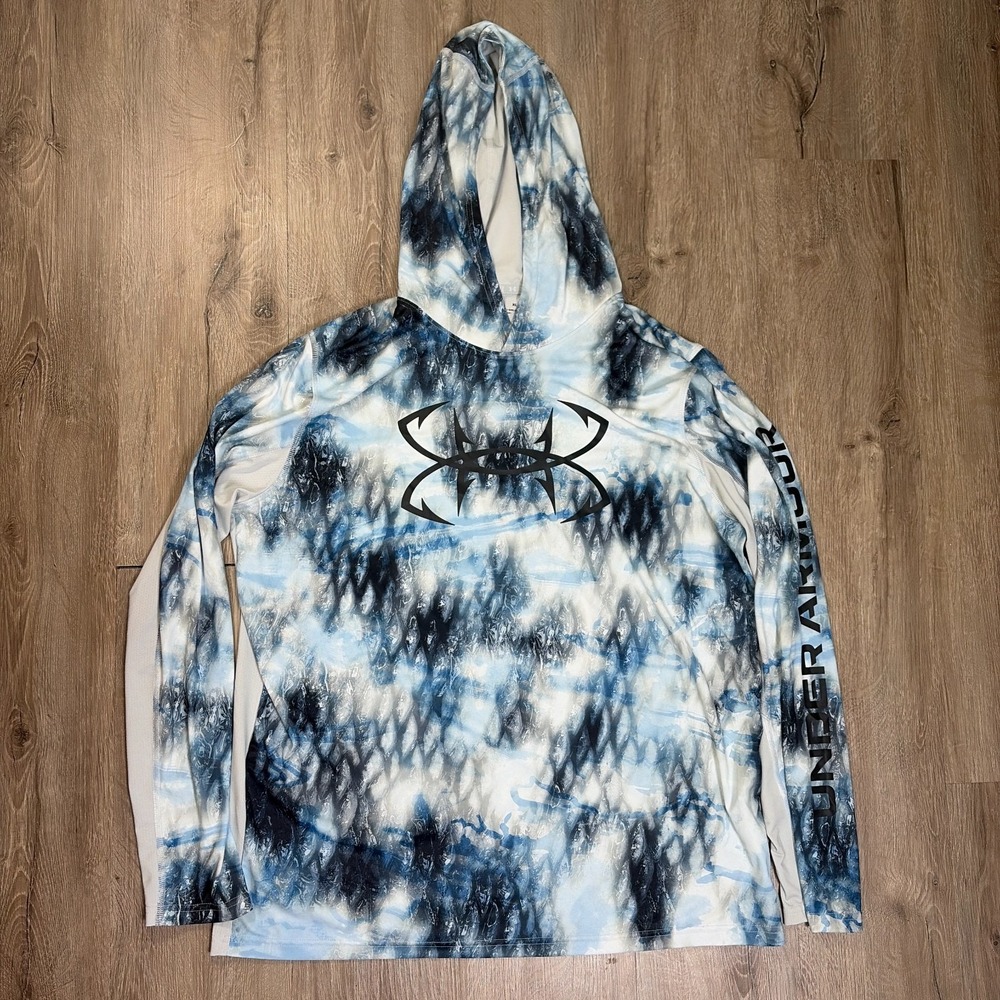 Under Armour Iso Chill Blue Camo Hoodie Mens XL Blue Fishing Sun Shirt